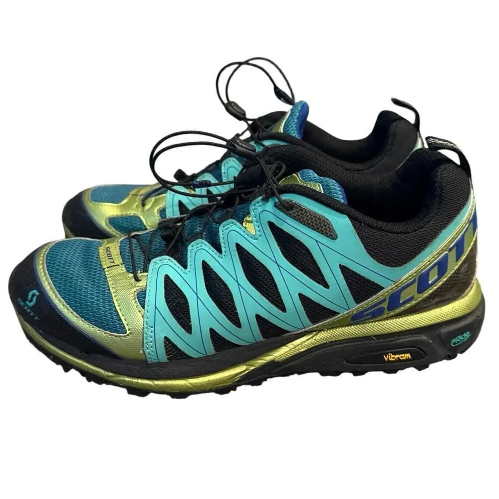 Women’s Scott Aztec 3 Teal Lime Green Bungee Laces Trail Running Shoes Size 9
